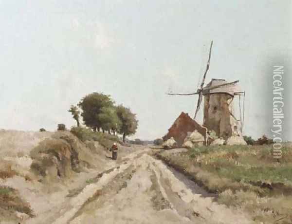 A peasant woman passing a windmill on a sunny day Oil Painting - Isidore Meyers