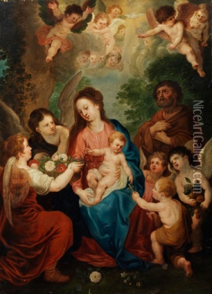 Die Heilige Familie Mit Dem Johannesknaben Von Engeln Verehrt Oil Painting - Hendrik van Balen the Younger