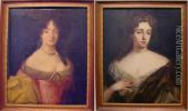 Portrait Of Elegant Ladies: Two Oil Painting - Pierre Le Romain I Mignard