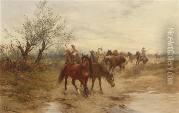 Pferde In Der Puszta Oil Painting - Ludwig Gedlek