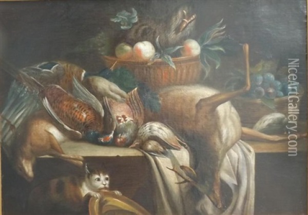 Nature Morte Au Gibier Avec Un Chat Oil Painting - Alexandre Francois Desportes