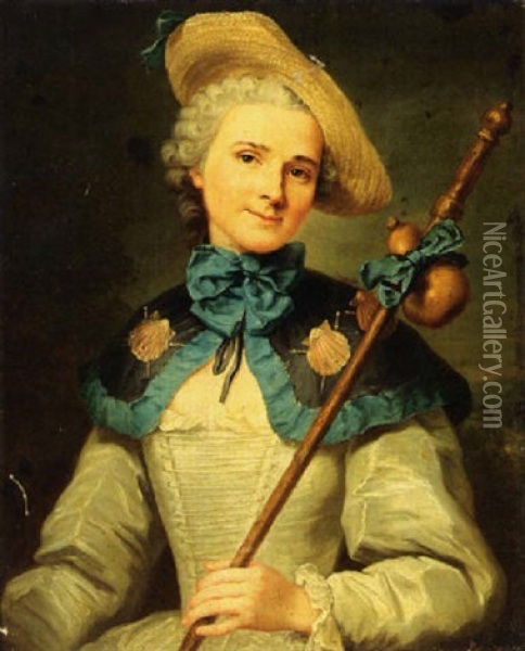 A Portrait Of A Lady Dressed As A Pilgrim Wearing A White Dress With Blue Cape And Holding A Shepherd's Staff Oil Painting - Antoine Pesne