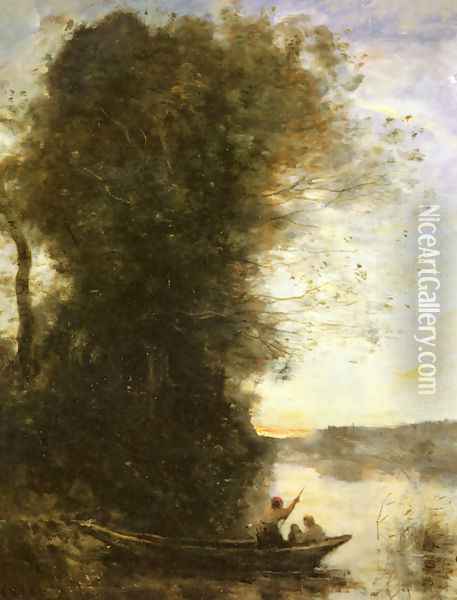 Le Batelier Quittant La Rive Avec Une Femme Et Un Enfant Assis Dans Sa Barque, Soleil Couchant Oil Painting - Jean-Baptiste-Camille Corot