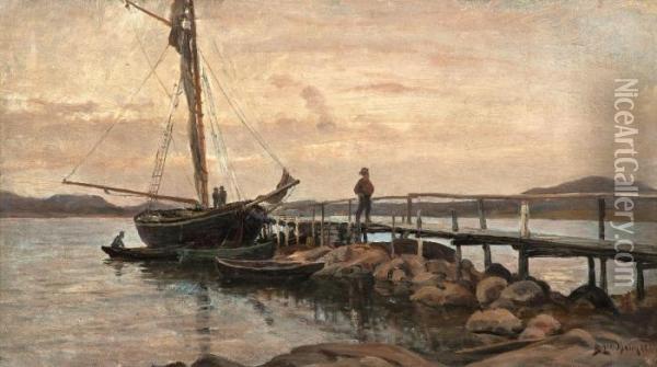 Boats At The Jetty Oil Painting - Berndt Adolf Lindholm