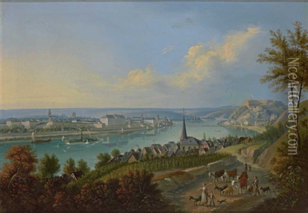 Blick Von Der Hohe Auf Koblenz Und Ehrenbreitstein, Im Vordergrund Paffendorf Mit Der Pfarrkirche Oil Painting - Johann Bachta