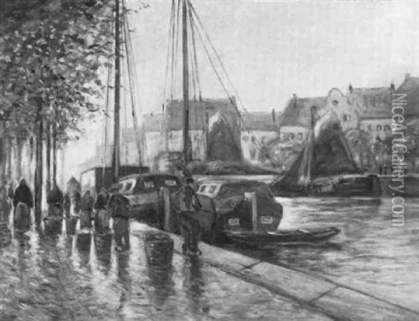 Fischverkauf An Einem Hollandischen Kanal Oil Painting - Hans Herrmann