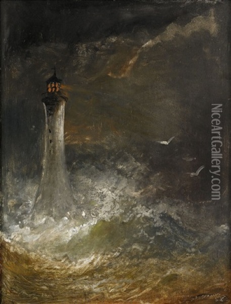Fyrtorn I Storm Oil Painting - Arnold Abraham Plagemann