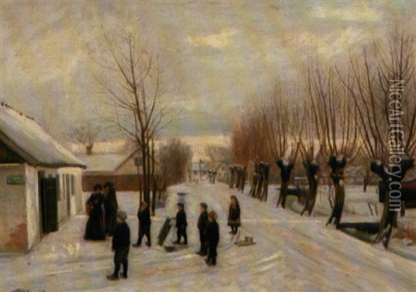 Landsbygade Med Llegende Born Og Musikanter, Vinter Oil Painting - Soren Christiansen