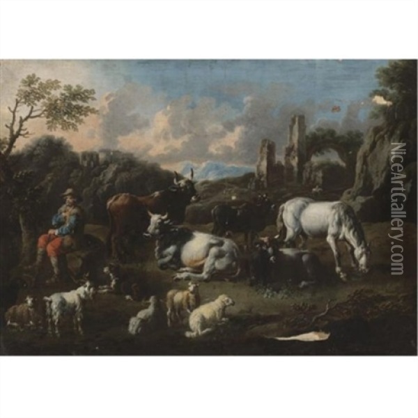 Italianate Landscape With A Herdsman Surrounded By His Cattle Oil Painting - Cajetan Roos