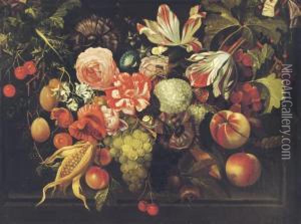 A Garland Of Grapes, Corn And Flowers In A Niche Oil Painting - Jacob Rootius