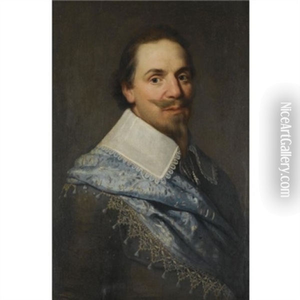 Portrait Of A Gentleman, Head And Shoulders, Wearing Grey With A Pale Blue Sash Oil Painting - Michiel Janszoon van Mierevelt