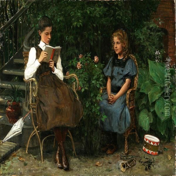 Two Girls In A Garden Oil Painting - Axel Helsted