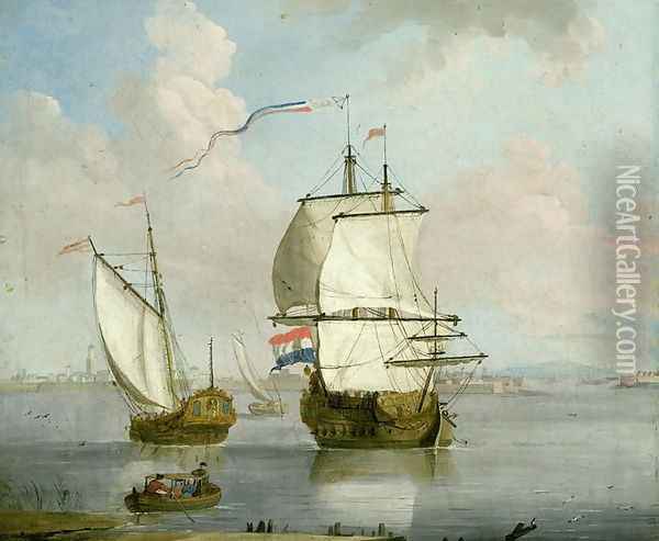 A Dutch East Indian man and a Royal Yacht in an Estuary with a Town Beyond Oil Painting - Francis Swaine