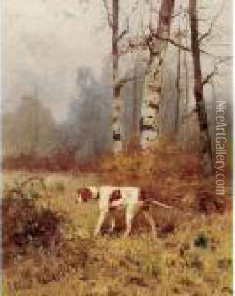 A Pointer In A Landscape Oil Painting - Renaud