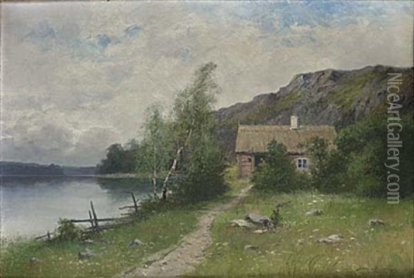 Sommarlandskap Med Stuga Vid Sjo Oil Painting - Johan Severin Nilsson