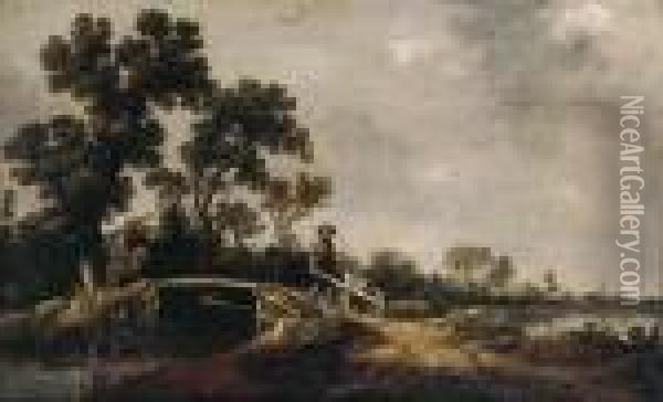 A Horseman And A Peasant With A Wheel-barrow On A Bridge In A Riverlandscape Oil Painting - Pieter de Neyn
