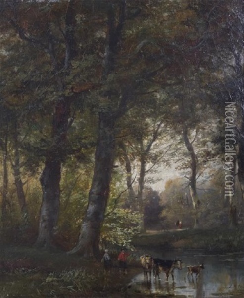 Pastoral Scene With Figures And Cows Oil Painting - Jeremiah Hodges Mulcahy