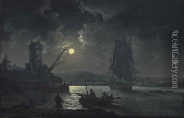 Shipping Under A Full-moon, With Blackrock Castle Beyond Oil Painting - William Anderson