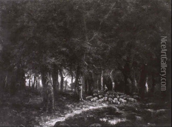 Schafer Mit Seiner Herde Im Wald Von Barbizon Oil Painting - Charles Emile Jacque