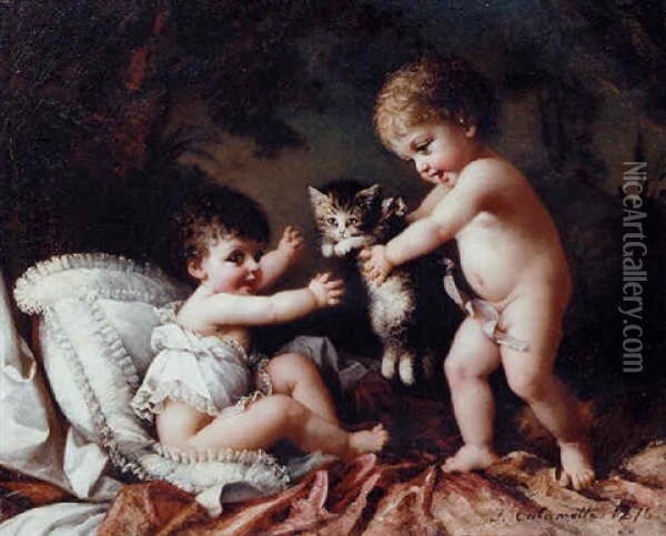 Playing With The Kitten Oil Painting - Josephine Calamatta