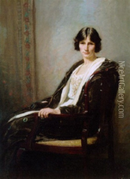 Portrait Of A Lady In A White Dress And Black Coat, In An Interior Oil Painting - James Riddel