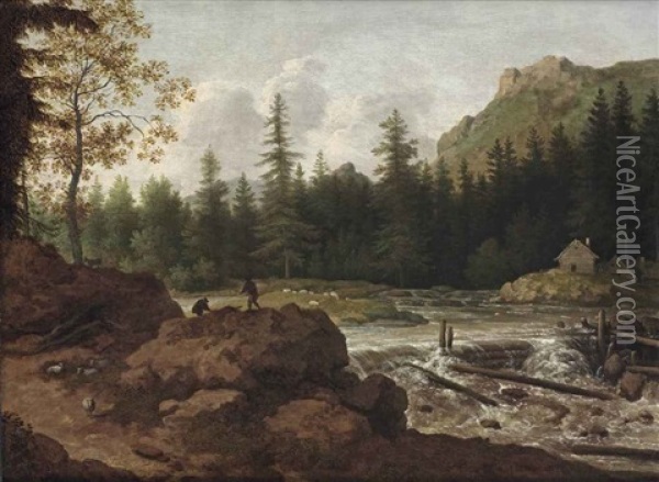 A Scandinavian River Landscape With Herdsmen On A Rock By A Waterfall Oil Painting - Allaert van Everdingen