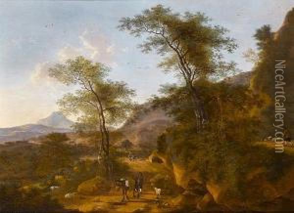 A Wooded Italianate Landscape With A Traveller And Mule On A Track Oil Painting - Willem de Heusch