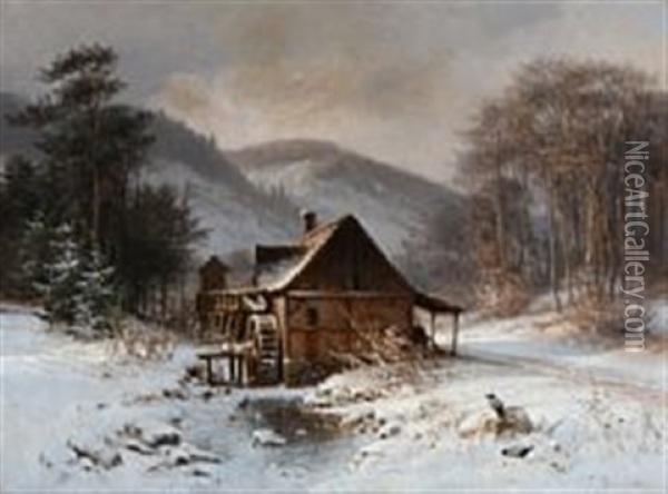 A Winter Day Near An Old Watermill Oil Painting - Frederik Niels Martin Rohde