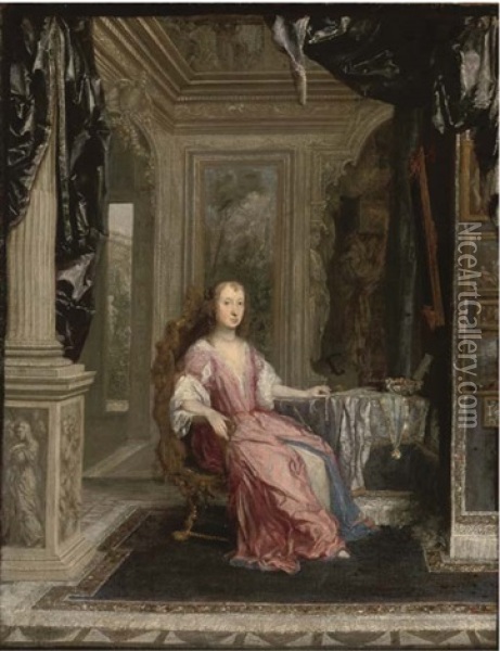 Portrait Of A Lady, Seated Full-length, In An Interior, Holding A String Of Pearls In Her Right Hand Oil Painting - Constantyn Netscher