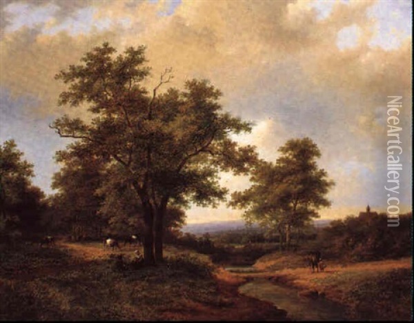 Countryfolk And Cattle In A Wooded River Landscape Oil Painting - Jan Evert Morel the Younger