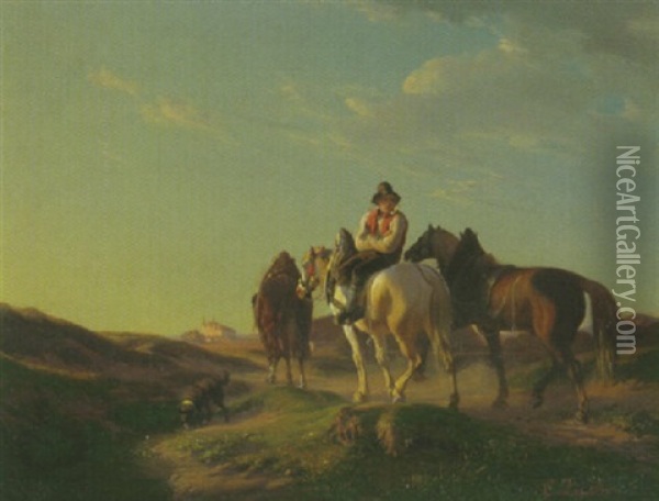 Ein Pferdeknecht Mit Drei Saumtieren Und Seinem Hund Auf Dem Weg Zu Der Klosteranlage Am See In Der Ferne Oil Painting - Karl Lieske