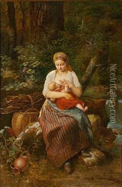Moderlykke. En Ung Mor Med Sit Barn I En Lysning I Skoven Oil Painting - Alois Katzenstein
