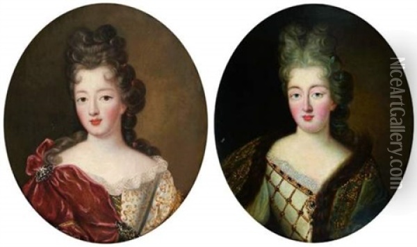 Portrait De Jeune Femme A La Robe Brodee (+ Portrait De Jeune Femme Au Manteau Borde De Fourrure; Pair) Oil Painting - Pierre Gobert