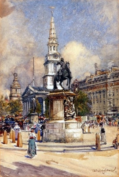 Trafalgar Square, With Charles I Momument Oil Painting - John Fulleylove