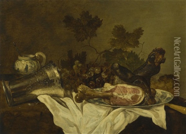 Still Life With A Ham On A Wan-li Kraak Dish, A Fallen Silver Beaker, A Mustard Jar And Grapes, All On A Table Draped With A White Cloth Oil Painting - Abraham Susenier