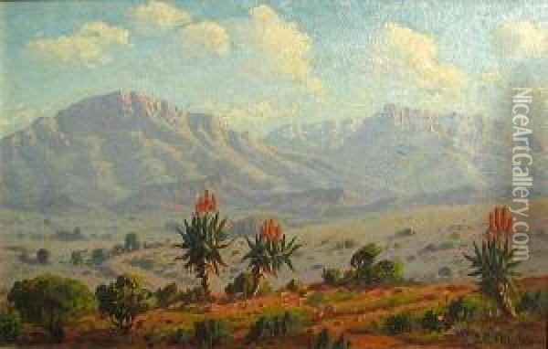 Aloes And Mountains, Riversdale, South Africa Oil Painting - Edward Charles Moore