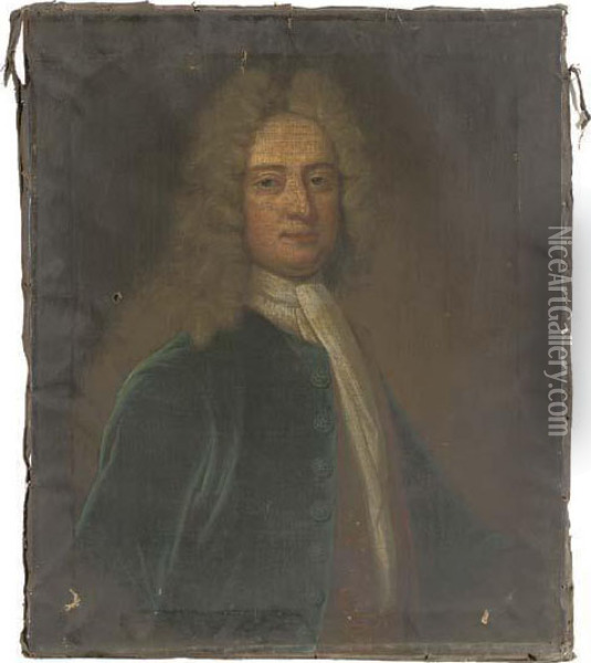 Portrait Of A Gentleman, 
Presumably Of The Mostyn Family, Bust-length, In A Blue Coat With 
Embroidered Waistcoat And White Stock Oil Painting - Sir Godfrey Kneller