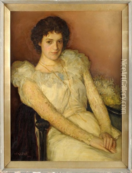 A Three-quarter Length Portrait Of A Young Woman Wearing A Lace-trimmed Evening Gown, Seated In A Chair Oil Painting - William Robertson Smith Stott