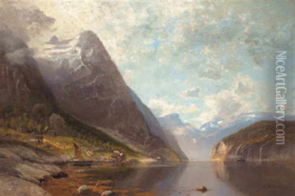 Sognefjord. Grose Norwegische Fjordlandschaft Oil Painting - Adolf Gustav Schweitzer