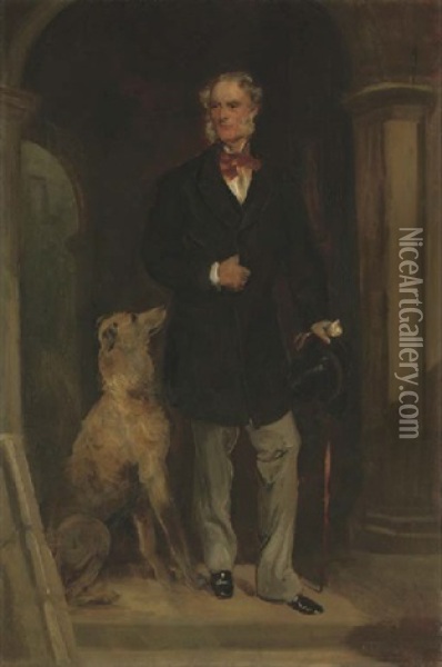 Portrait Of The 6th Earl Of Tankerville, Small Full-length, In A Dark Coat, With A Walking Stick, A Deer Hound At His Side, In An Arch Oil Painting - Sir Francis Grant