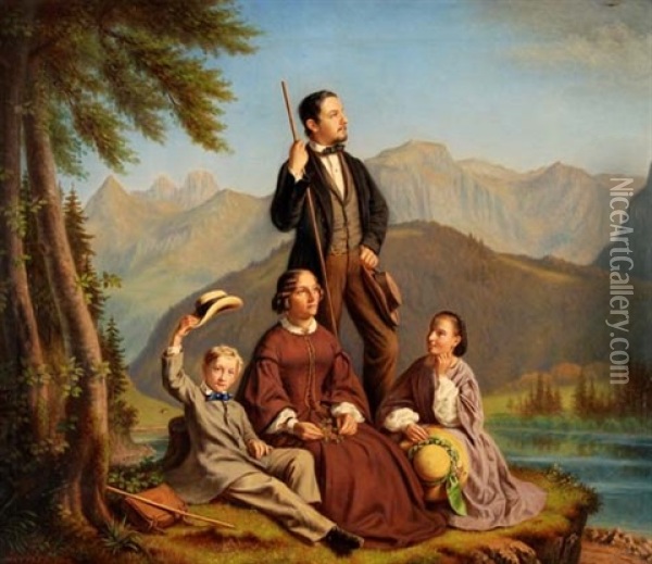 Familie Am Seealpsee Oil Painting - Johannes Mettler