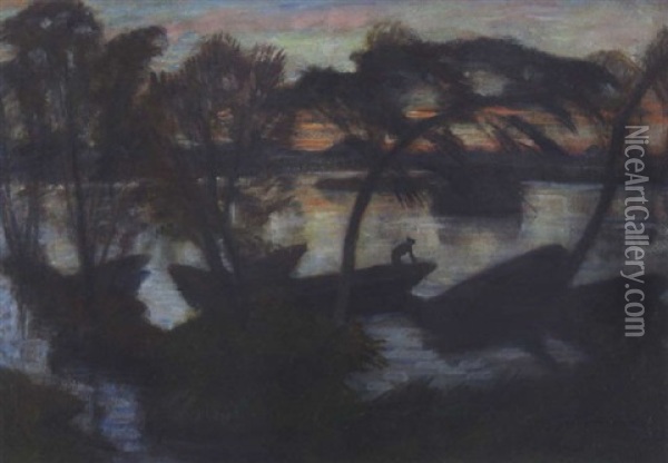 Abendlandschaft Mit Uberschwemmung (wumme Mit Booten) Oil Painting - Otto Modersohn