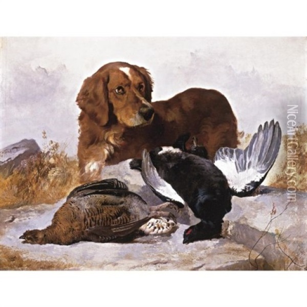 A Setter With Game Birds In A Highland Landscape Oil Painting - George William Horlor