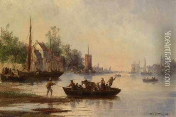 Fishermen On The Canal Oil Painting - Josef Carl Berthold Puttner