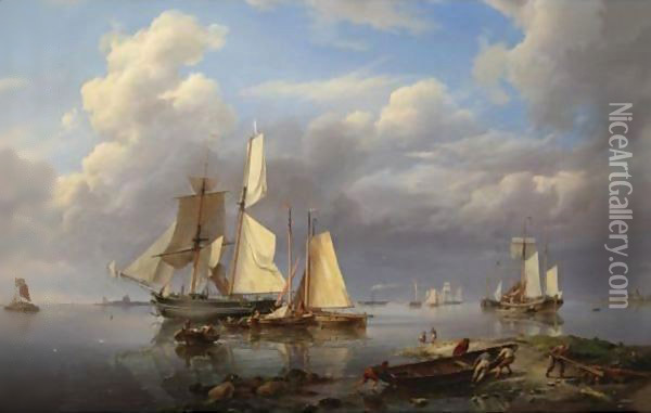 Shipping Estuary Hauling In The Boats At Day's End Oil Painting - Hermanus Koekkoek