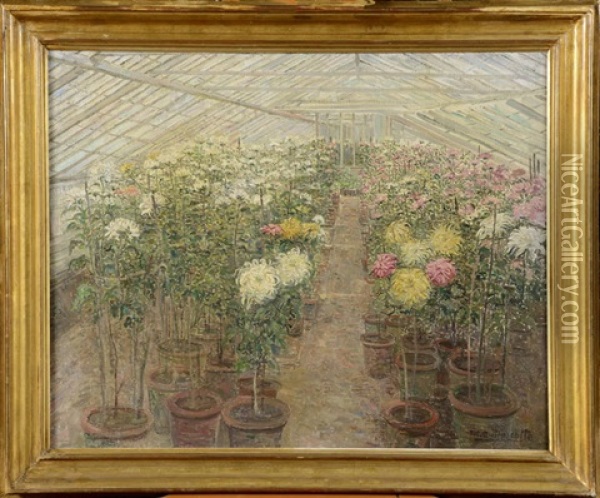 La Serre Aux Chrysanthemes Oil Painting - Marie Antoinette Marcotte