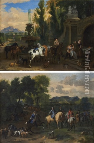 Scene De Pique-nique Pendant La Chasse (+ Le Depart Pour La Chasse; Pair) Oil Painting - Dirk Maes