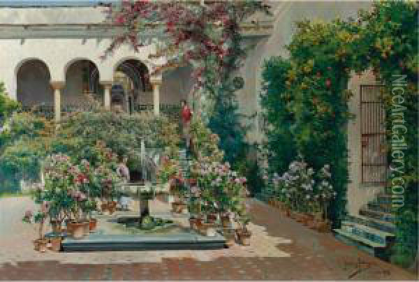 A Courtyard In Seville Oil Painting - Manuel Garcia y Rodriguez