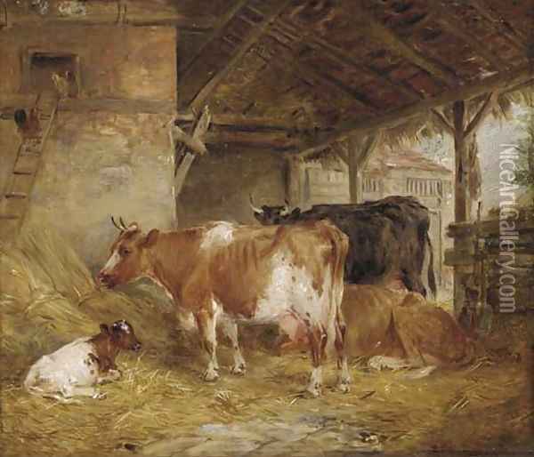 Cows in a barn Oil Painting - Edwin Frederick Holt