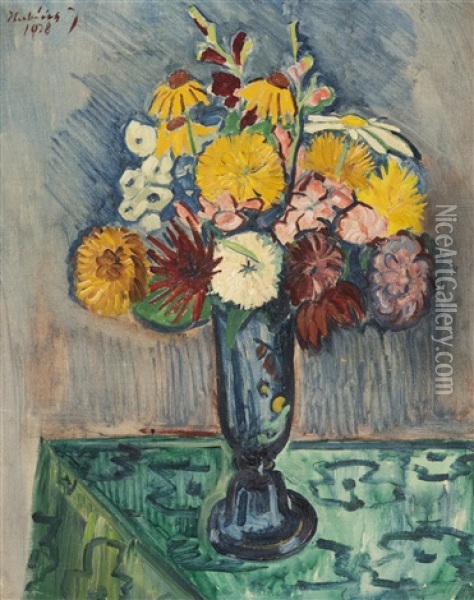 Bouquet In A Blue Vase Oil Painting - Josef Hubacek